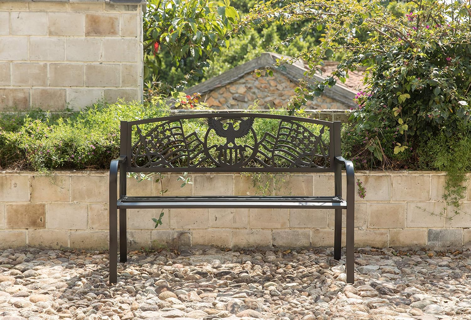 Gardenised Steel Outdoor Patio Garden Park Bench with Cast Iron American Flag Backrest, Black: Furniture & Decor