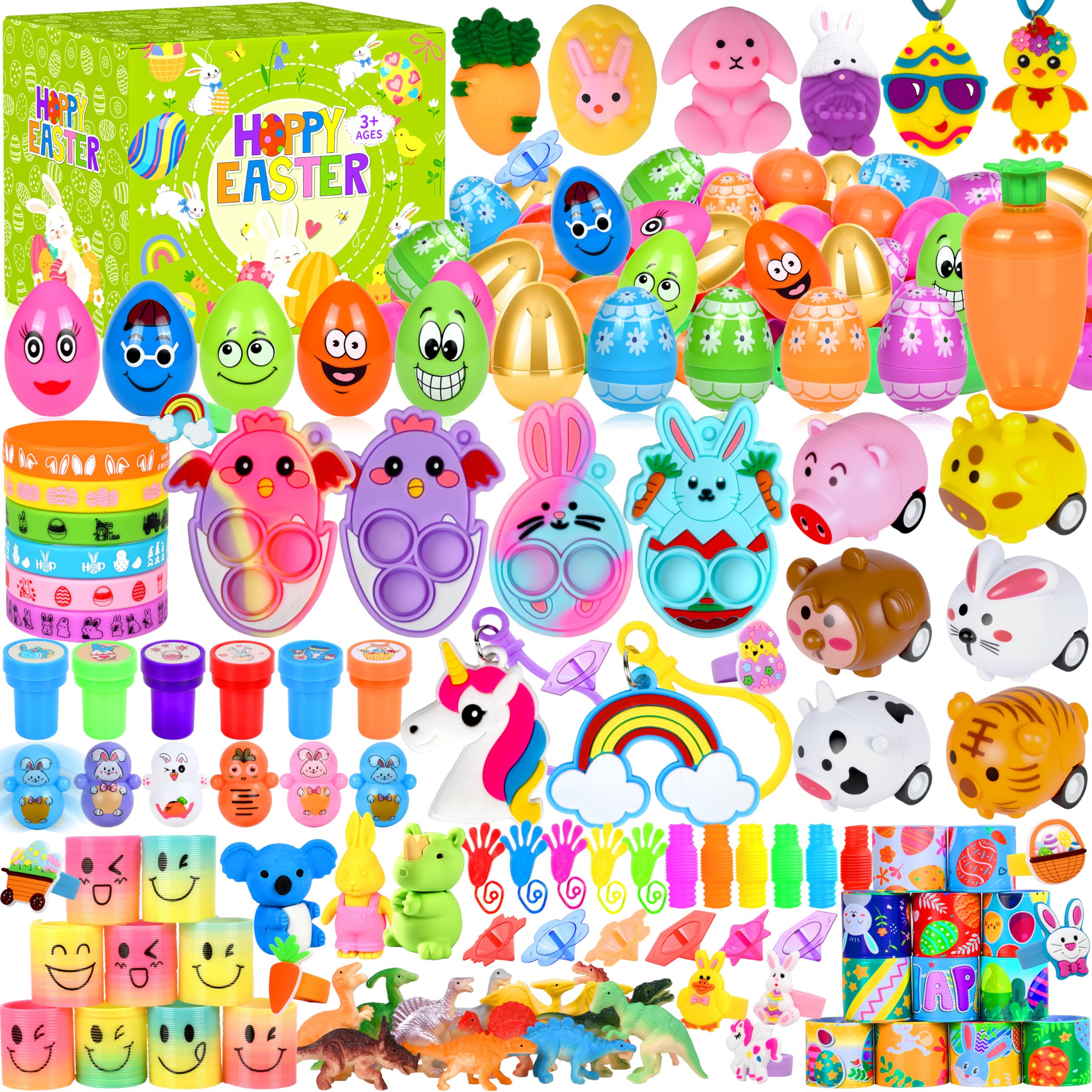 330Pcs Colorful Prefilled Plastic Easter Set, 110 Plactic Eggs Filled with 220 Assorted Toys Stickers Party Favors for Kids Boys Girls Toddlers Easter Eggs Hunt Basket Filler Stuffers Supplies