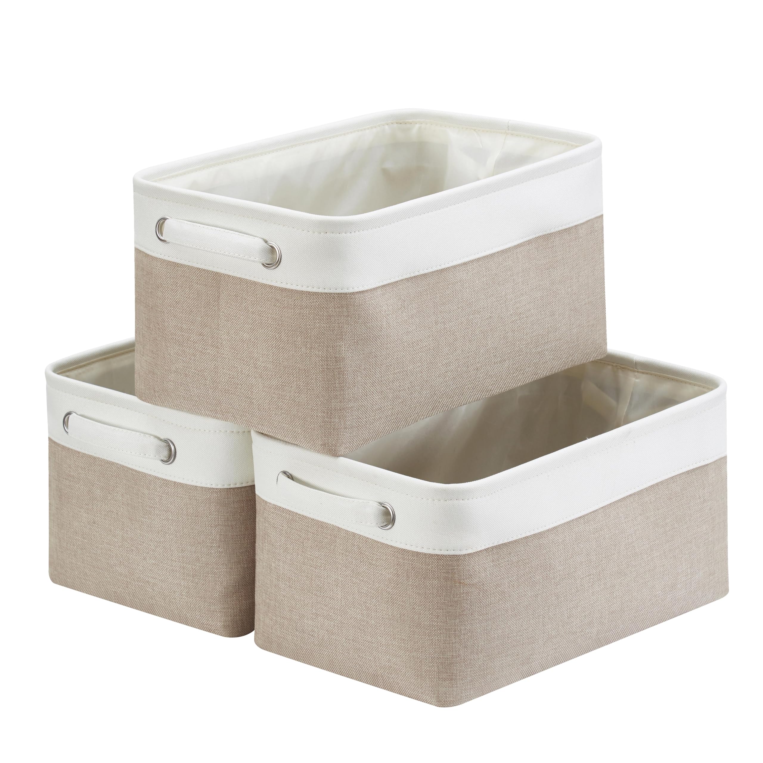 Mangata Canvas Storage Box 3 Pack, Fabric Storage Basket with Handles for Cupboards, Shelves, Clothes, Toys (Medium, Foldable, Light Khaki White)