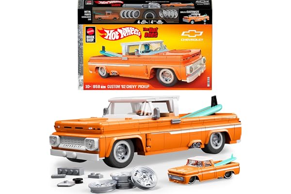 Mattel Brick Shop Hot Wheels Jogo de Construção Elite Custom Chevy Pickup em escala 1:16 com Placa de Coleção e 1 carrinho de