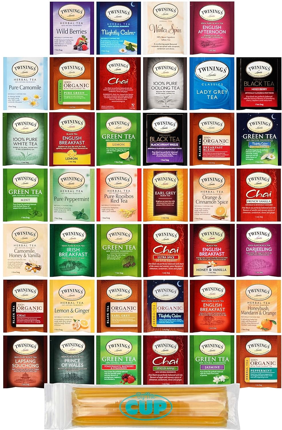 Twinings Assorted Tea Variety Pack - 40 ct Hot Tea Sampler: Camomile, Chai, Black, Herbal, Rooibos, Green, Earl Grey English Breakfast, Organic with By The Cup Honey Sticks