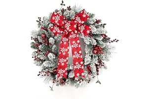 WREATHS WISH Wreath Wish Christmas Wreath, Front Door Artificial Christmas Wreath Decorated with Podocarpus, Holly Berries, Christmas Atmosphere Balls for Indoor Outdoor Christmas Decoration 24 Inch