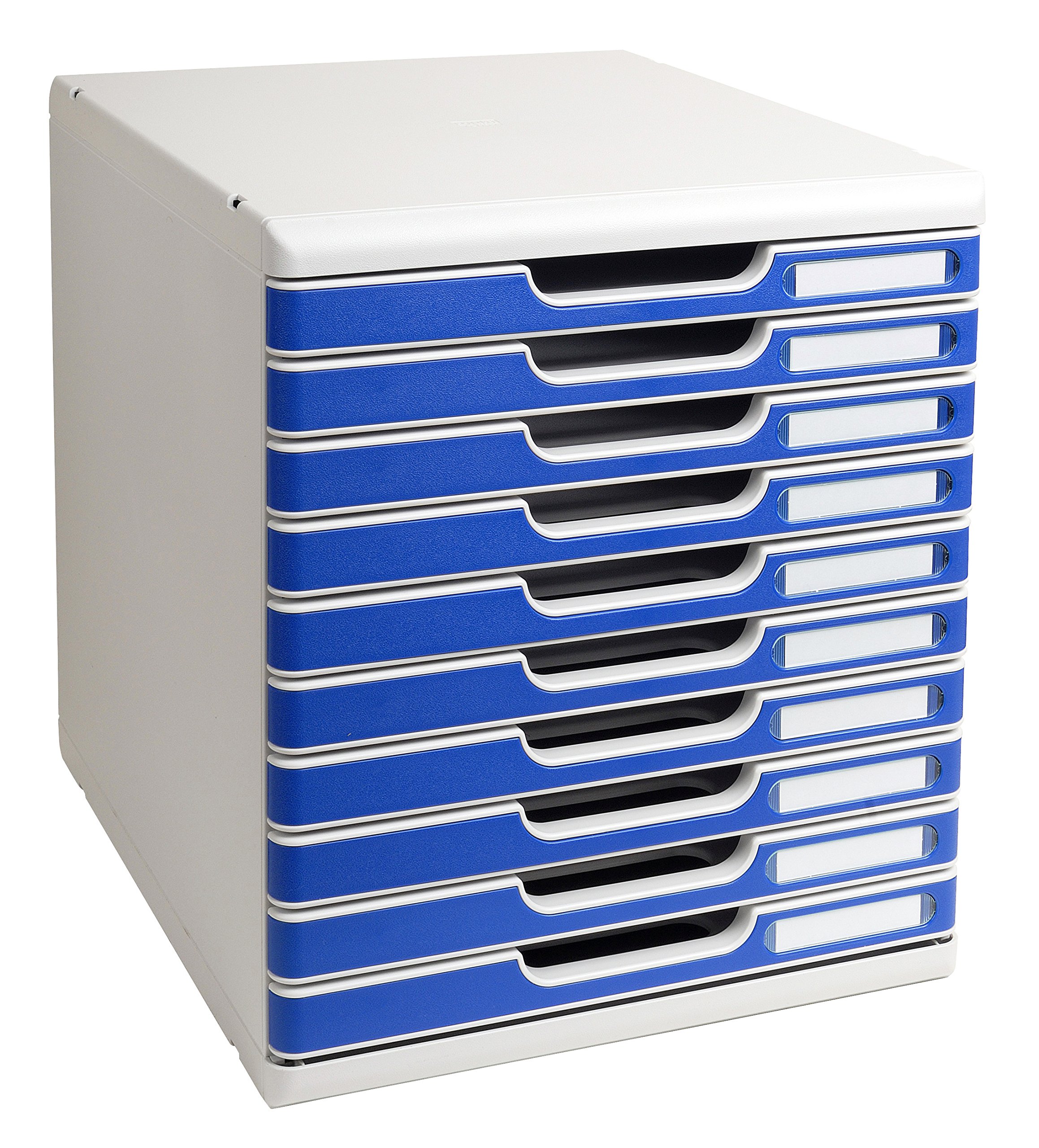 Exacompta - Ref 302003D - Modulo A4 Office - 350 x 288 x 320mm in Size, 10 Closed Drawers (26mm Height), Smooth Opening with Stop, Label Holders - Light Grey/Blue