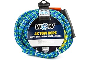 WOW Sports Towing Rope for Wakeboard, Water Ski and Wakesurf, 4-Rider 4K Tow Rope with 2 Sections, 60'