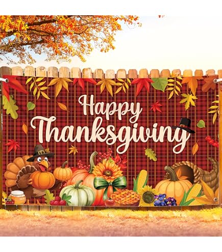 KatchOn Happy Thanksgiving Banner - Extra Large 120x20 Inch Yard Sign For Outdoor Fall Party Decor