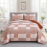 Mybedsoul Burnt Orange Quilt Set King Size, 3 Pieces Boho Plaid Terracotta Floral Bedspread Set Microfiber Lightweight Bohemian Bedding Bedspread Coverlet Set for All Season 90"x104"