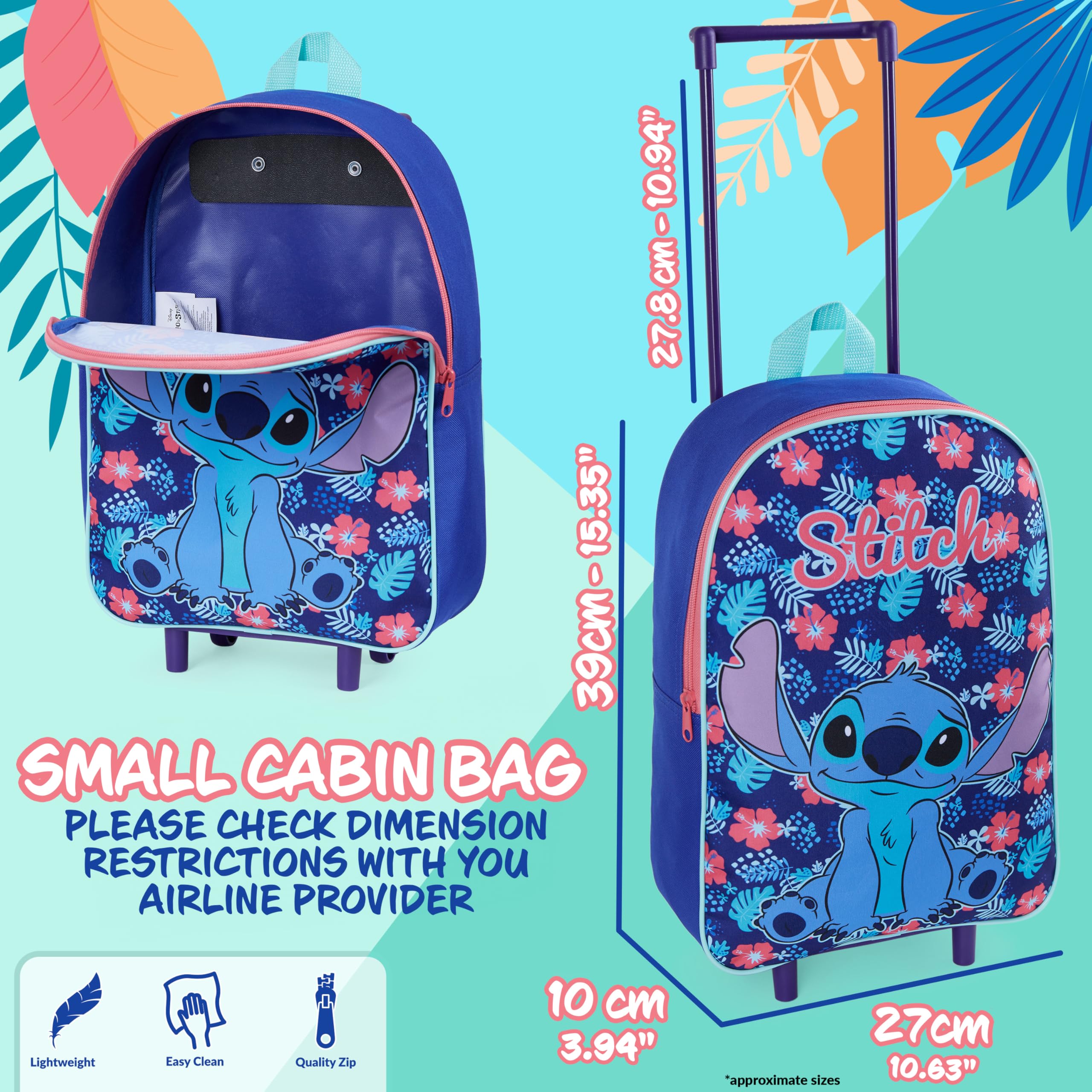 Disney Stitch Girls Suitcase, Foldable Trolley Bag 15.35” x 10.63” x 3.94”