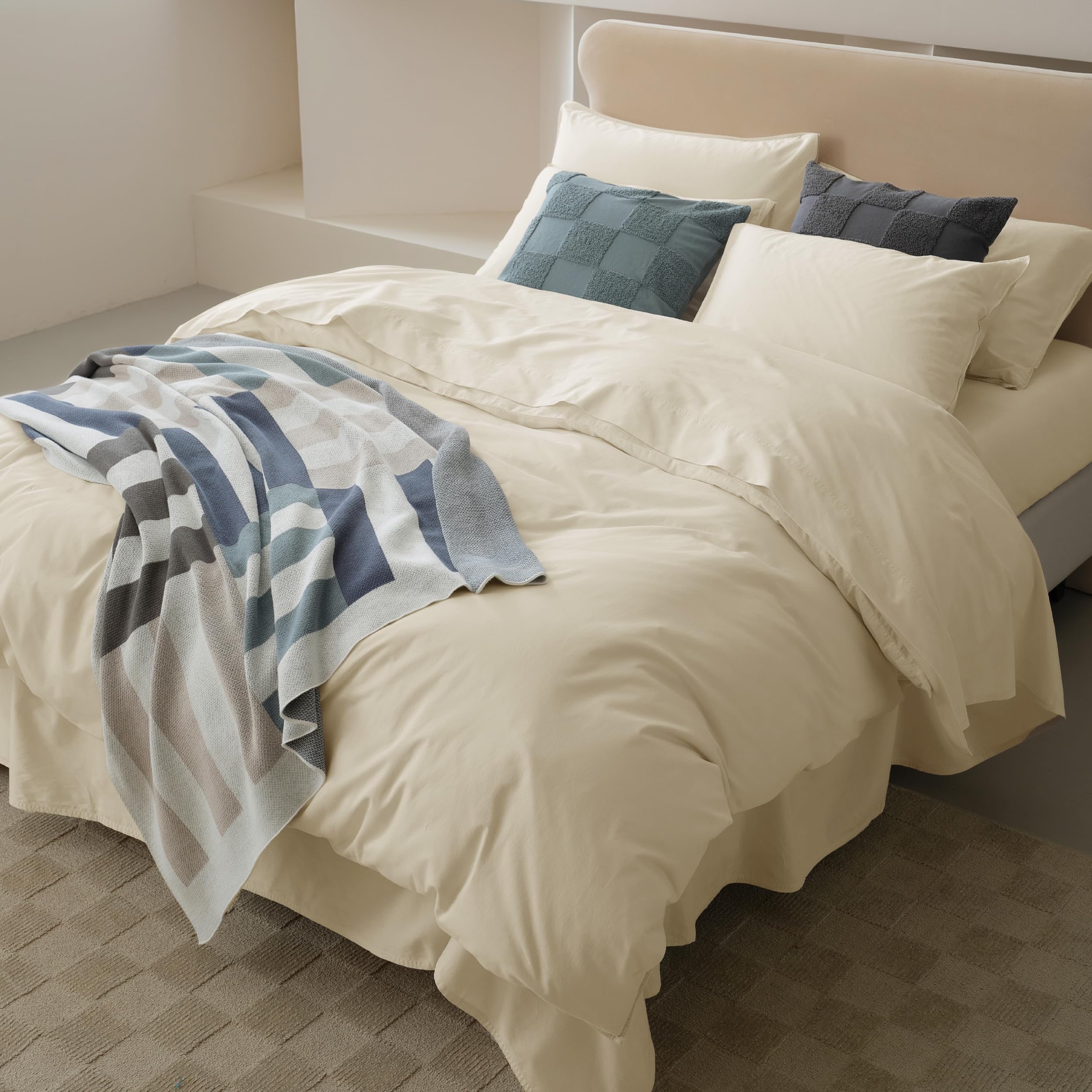 Photo 1 of Double Stitch 100% Organic Cotton Duvet Cover - Soft 3 Piece Bedding Set Queen Size, 300 TC Luxury Hotel Sateen Weave, GOTS Certified Long Staple Cotton, Made in India, Ivory