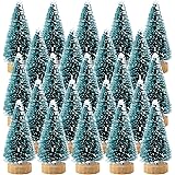 Etmact 24pcs Mini Pine Trees Frosted Sisal Trees with Wood Base Bottle Brush Trees Plastic Winter Snow Ornaments Tabletop Tre