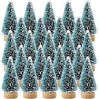 Etmact 24pcs Mini Pine Trees Frosted Sisal Trees with Wood Base Bottle Brush Trees Plastic Winter Snow Ornaments Tabletop Tre