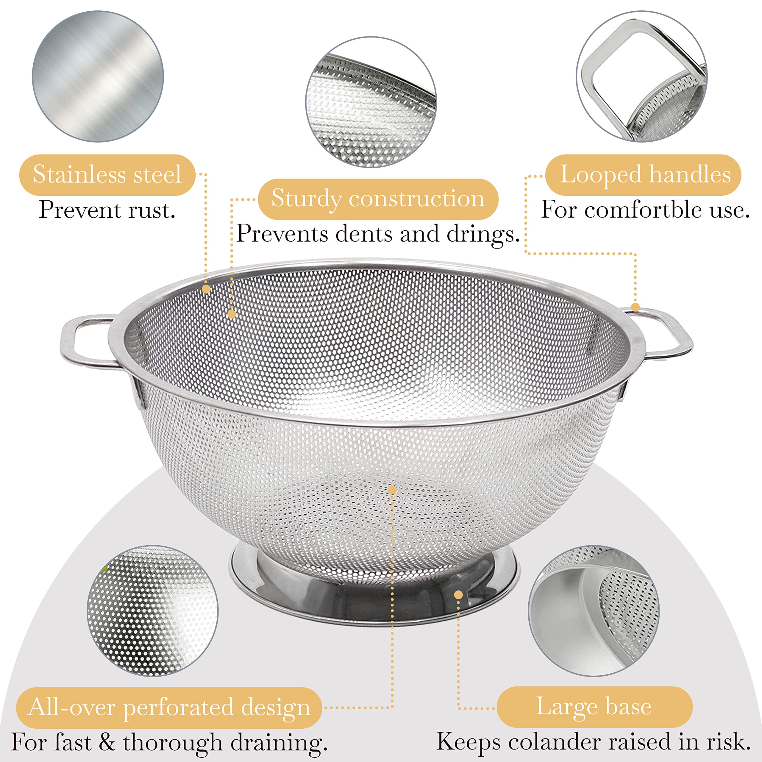 Bellemain Colander for Kitchen – 5 Qt Stainless Steel Strainer with Handle - 18/8 Pasta Strainer Bowl for Pasta, Spaghetti, Vegetables, Fruit, and Pot Draining - Stainless Steel Colander