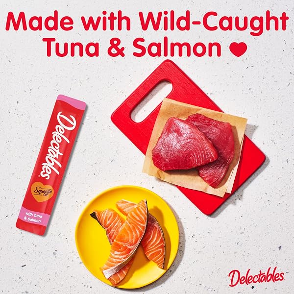 DELECTABLES SQUEEZE UP CREAMY SQUEEZABLE PUREE, LICKABLE WET CAT TREATS, GRAIN FREE, NO ADDED FILLERS, NO BY-PRODUCTS, NO ADDED PRESERVATIVES, 0.5 OUNCES TUNA & SALMON, 32 TUBES TOTAL