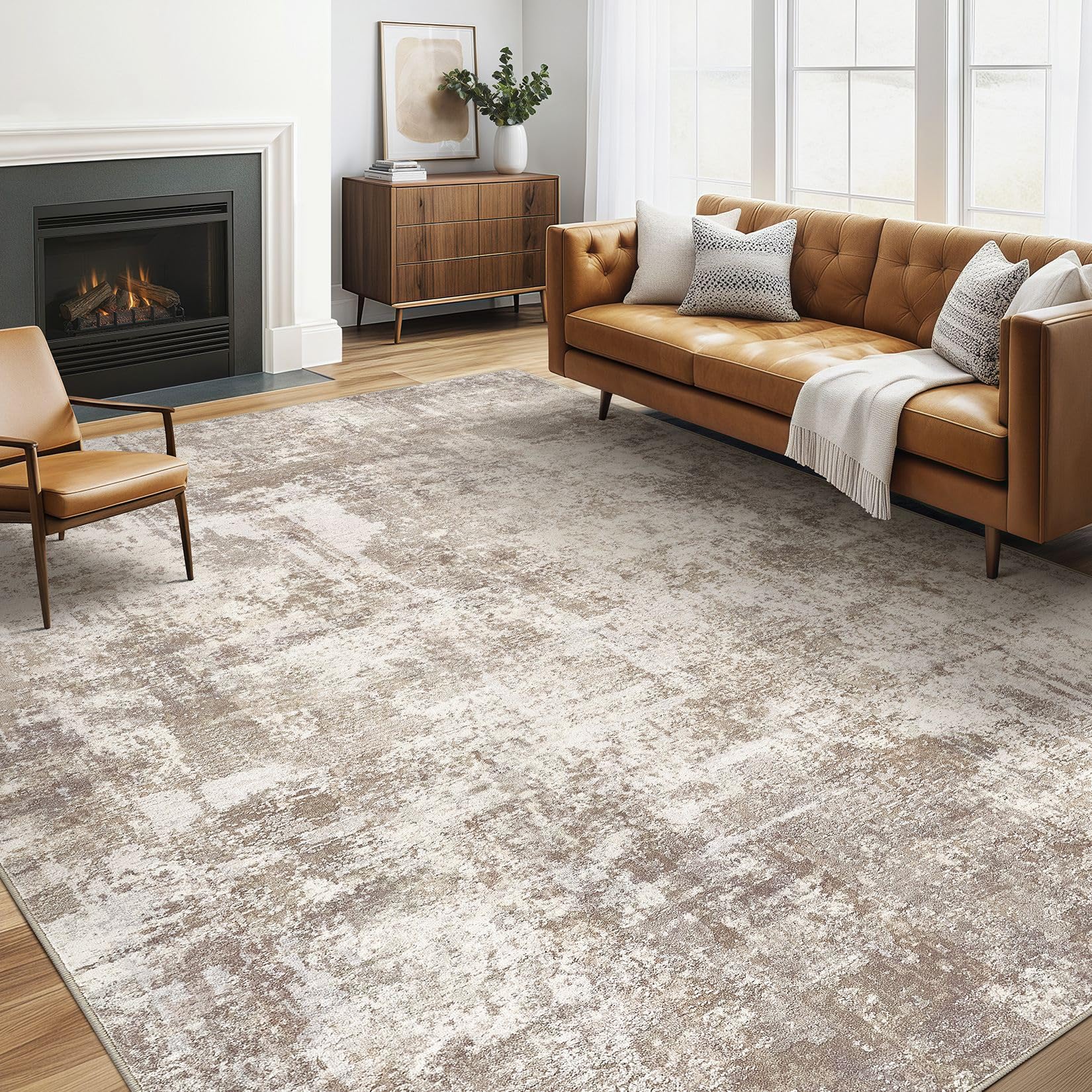 LOONGRUG 5x7 Area Rugs Living Room: Washable Large Abstract Soft Rug Stain Resistant Indoor Floor Non-Slip Accent Carpet for Women Modern Home Enthusiasts Aged- Bedroom Nursery Playroom- Beige Brown Image