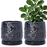 D'vine Dev 6 Inch Embossed Leaves Stoneware Planter Pot with Drainage Hole and Saucer, Midnight Blue, Set of 2, 27-F-X-3