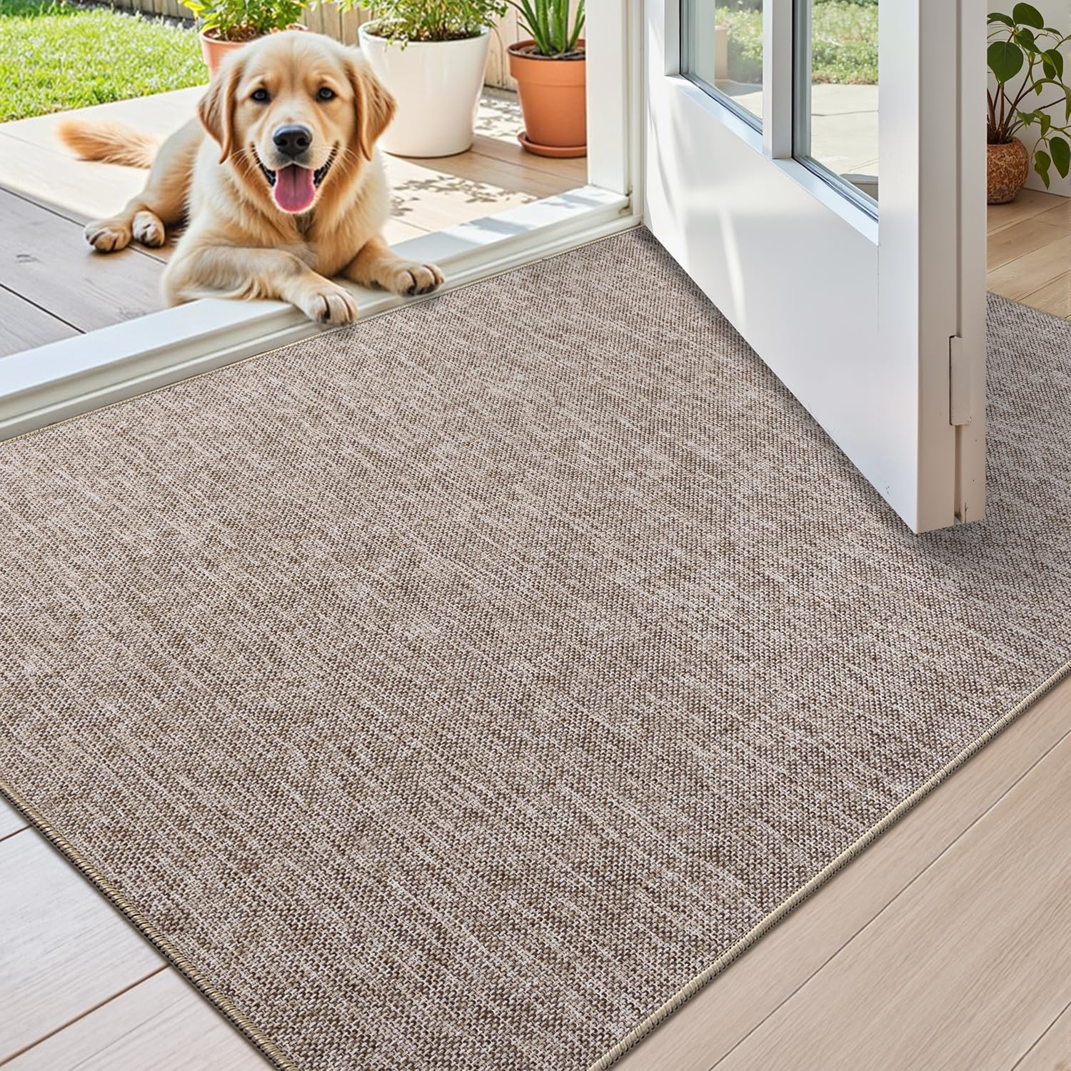 Photo 1 of Color&Geometry Small Ultra Thin Indoor Door Mat (Rolled-up NO Creases) 17"x30", Non Slip Rubber Backed Dirt Trapper Door Mat Indoor Entrance, Low Profile Entryway Mat, Easy Clean, Light Brown Linen