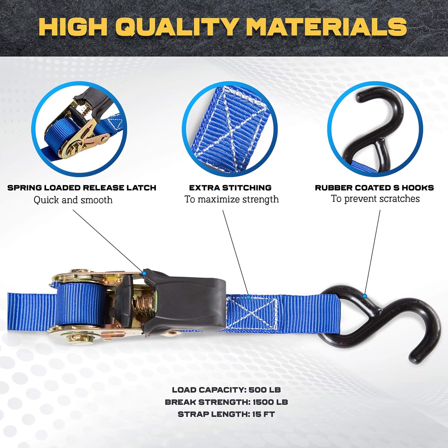 Ratchet Tie Down Straps - 4 Pk - 15 Ft- 500 Lbs Load Cap- 1500 Lb Break Strength- Cambuckle Alternative- Cargo Straps for Moving Appliances, Lawn Equipment, Motorcycle - Includes 2 Bungee Cord - - 