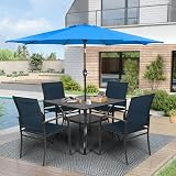 Crownland 5 Piece Patio Dining Set, Textilene Dining Sets, 4 Textilene Metal Chairs and Square Outdoor Dining Table with Sky Blue 9FT Round Outdoor Umbrella