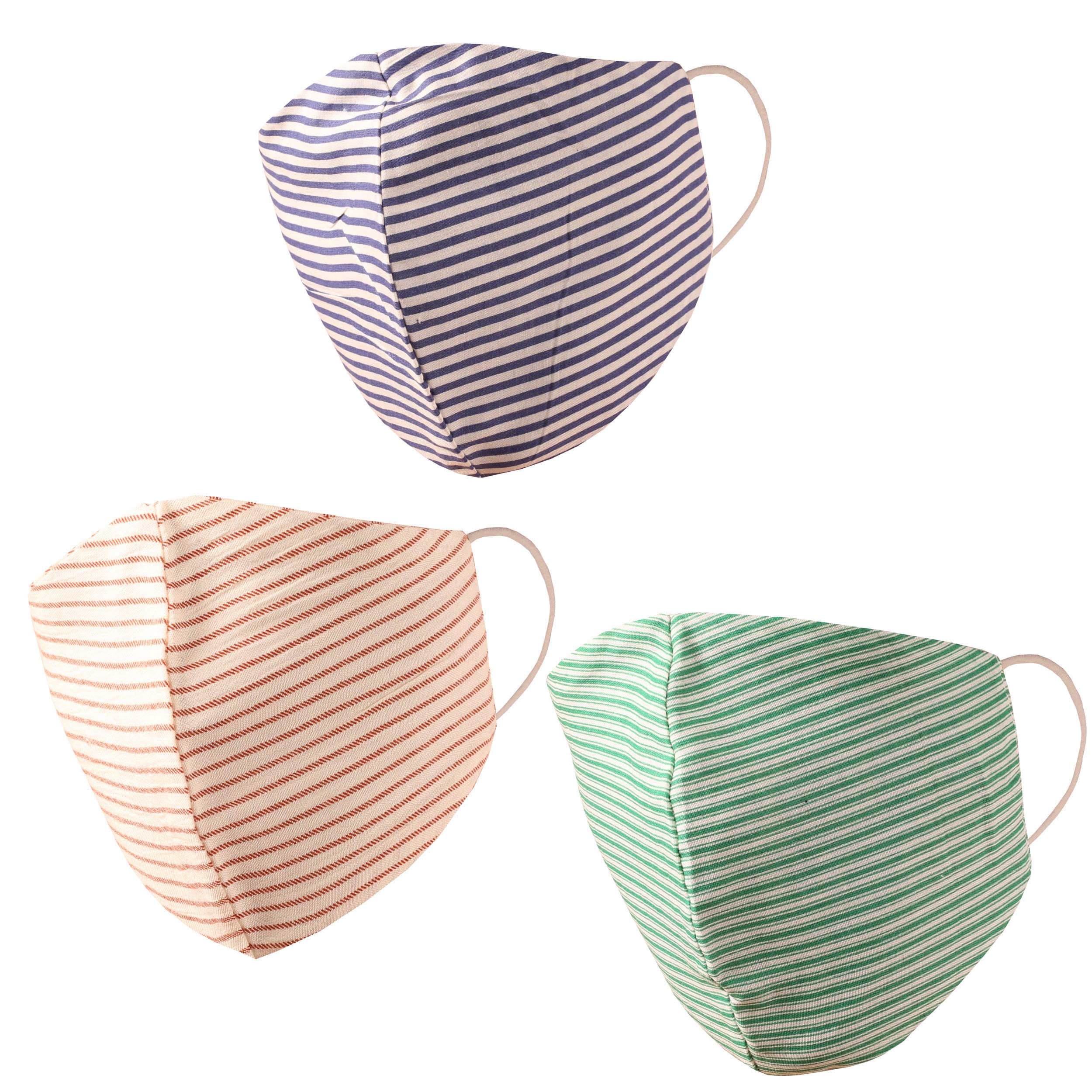 Touchstone Striped Cotton Small Size Face Masks Reusable Washable Handcrafted Double Layer for women, men. (Pack of 3). Green White Brown Blue โ image 1