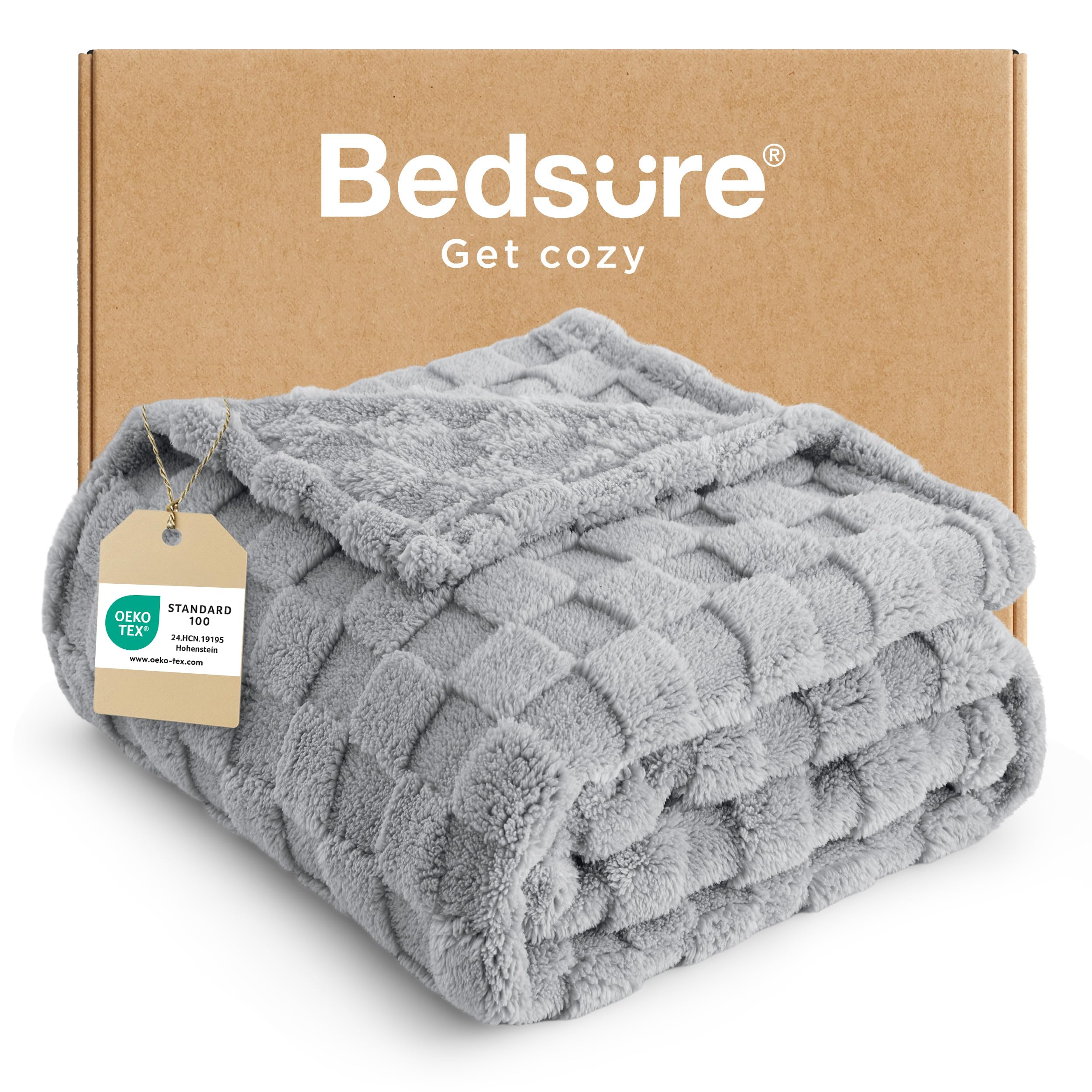 Bedsure Fleece Throw Blanket for Bed - Soft Cosy Checkered Blankets for Sofa, Fluffy Warm Double Throw for Women and Girls, Grey, 152x203 cm