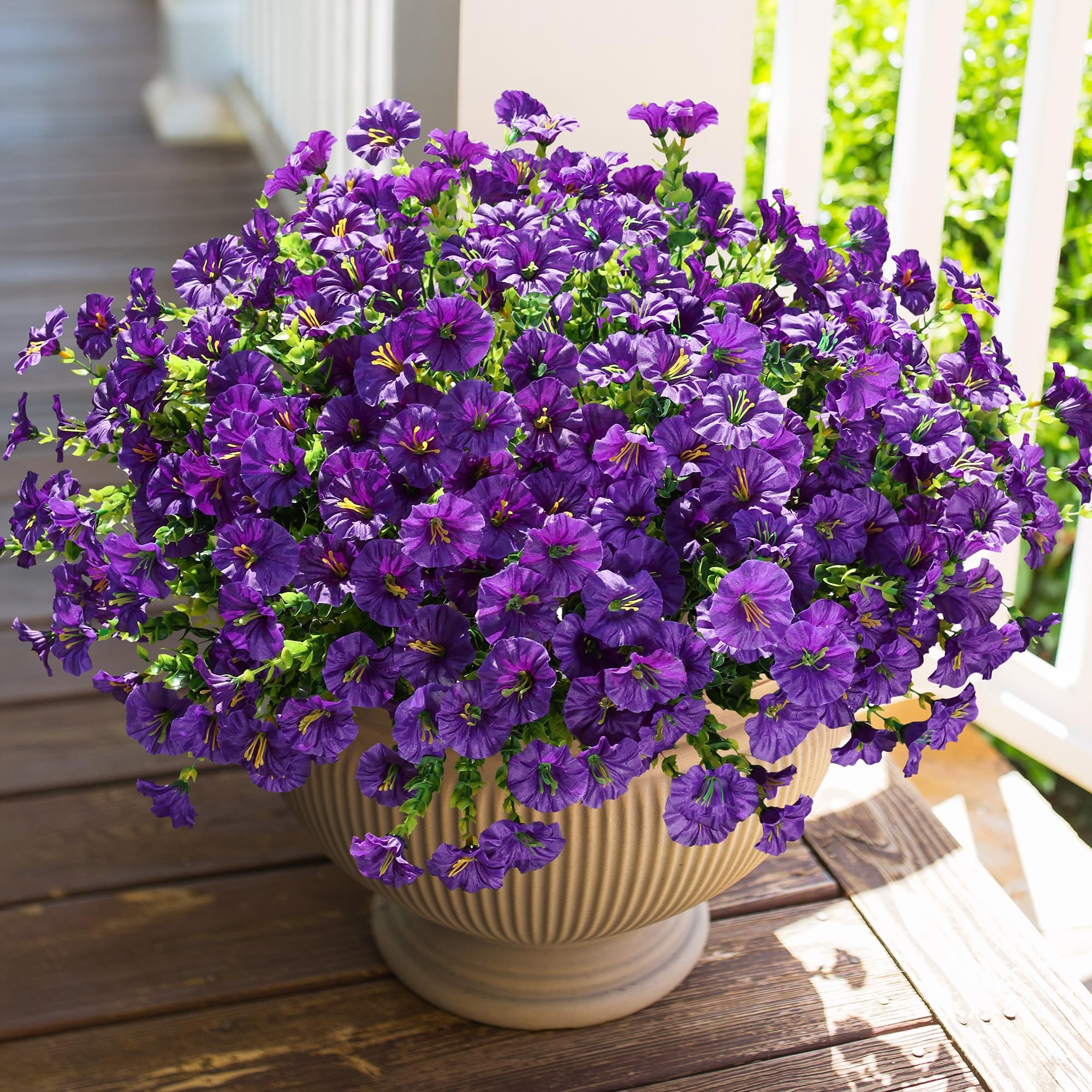 Photo 1 of ***(NOT IN POT, NO POT INCLUDED)*** 
HyeFlora Artificial Fake Outdoor Flowers Plants for Spring Summer Outside Porch Decoration, 12 Bundles Faux Purple Flowers Silk Morning Glory UV Resistant Realistic for Planter Front Door Patio Yard