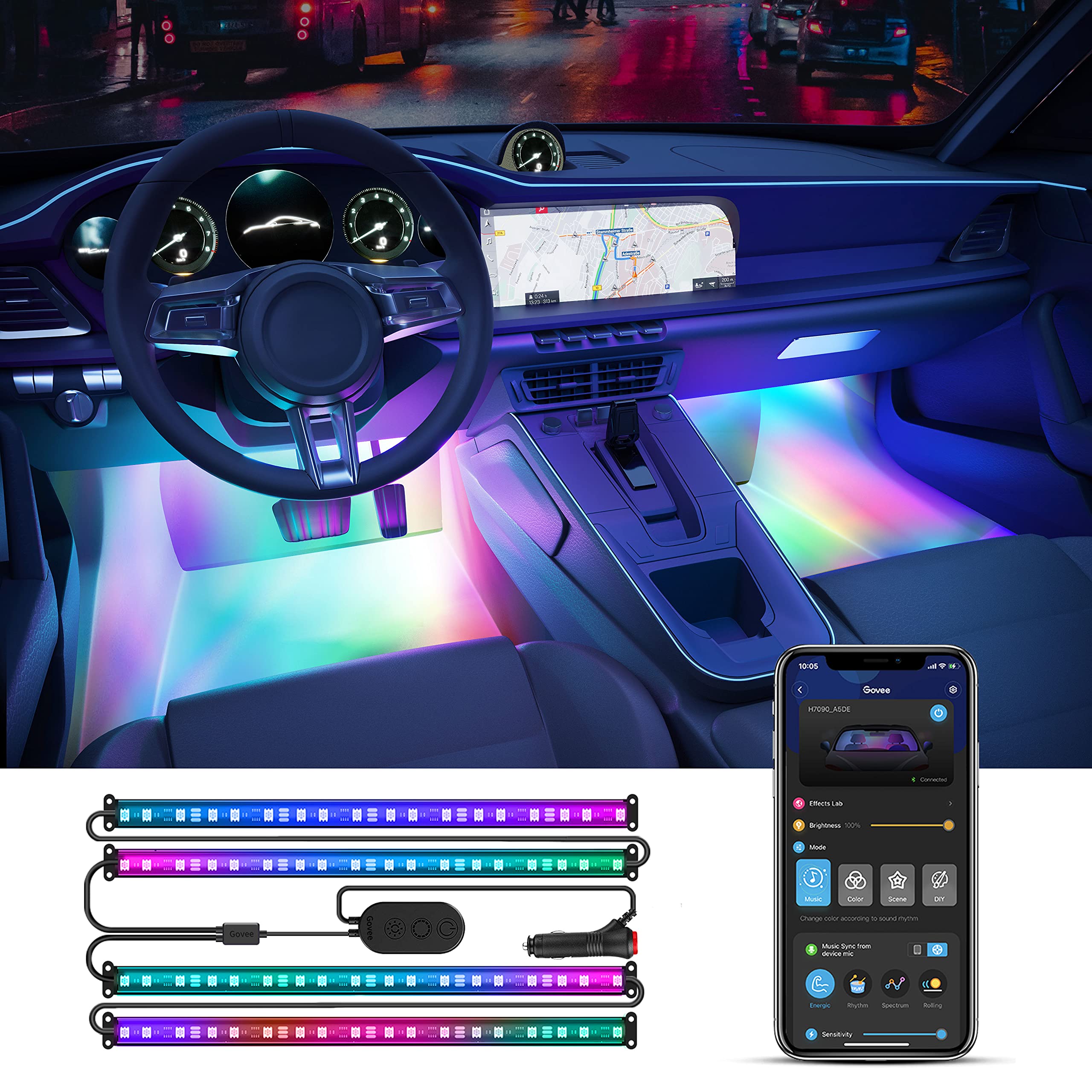 Govee Smart Car LED Strip Lights, RGBIC Interior Car Lights with 4 Music Modes, 30 Scene Options and 16 Million Colors, APP Control 2 Lines Design Christmas Car Lights for SUVs, DC 12V