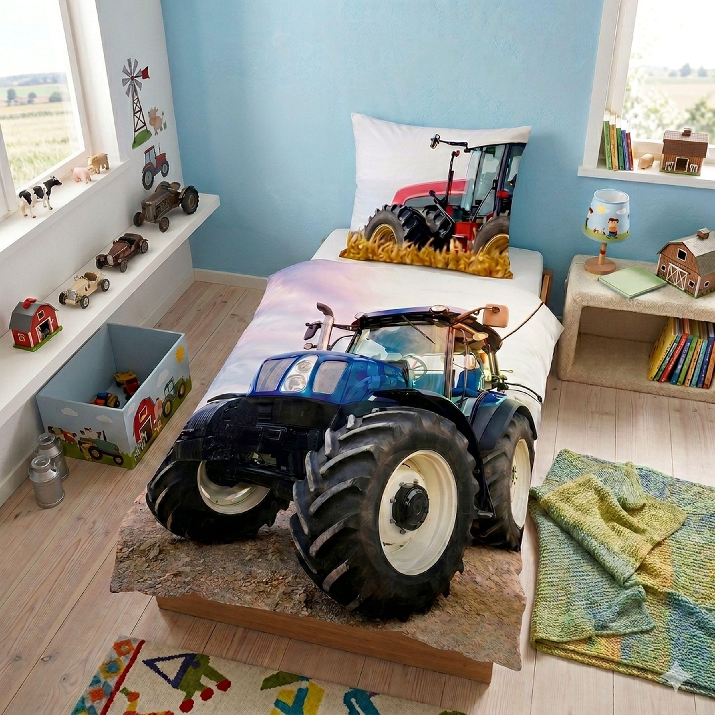 Familando Tractor Combine Harvester Bedding Set 135 x 200 cm + Pillow 80 x 80 cm Farm Children's Bedding Boys 100% Cotton