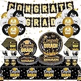 Rumia Graduation Party Plates Napkins Class of 2025 Black Gold Disposable Dinnerware Tableware Cup Tablecloth Congrats Grad Banner Balloons Decorations for Prom 2025 Party Serve 24