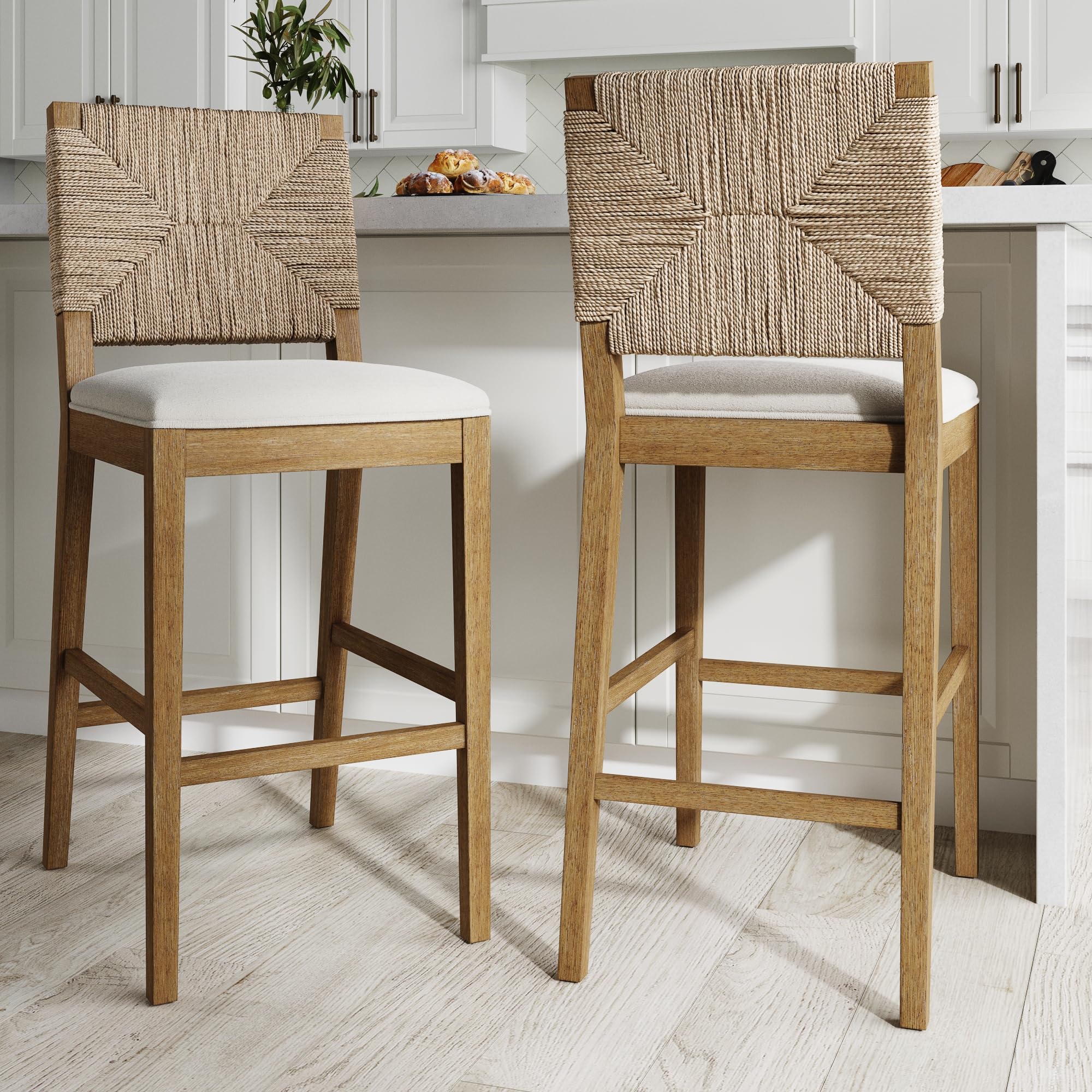 Photo 1 of **MISSING PARTS**Nathan James Beacon Bohemian Boucle Bar Stool with Back, Bar Height Kitchen Island Chair, Seagrass Bar Stool, Cream Boucle/Brushed Light Brown, Set of 2