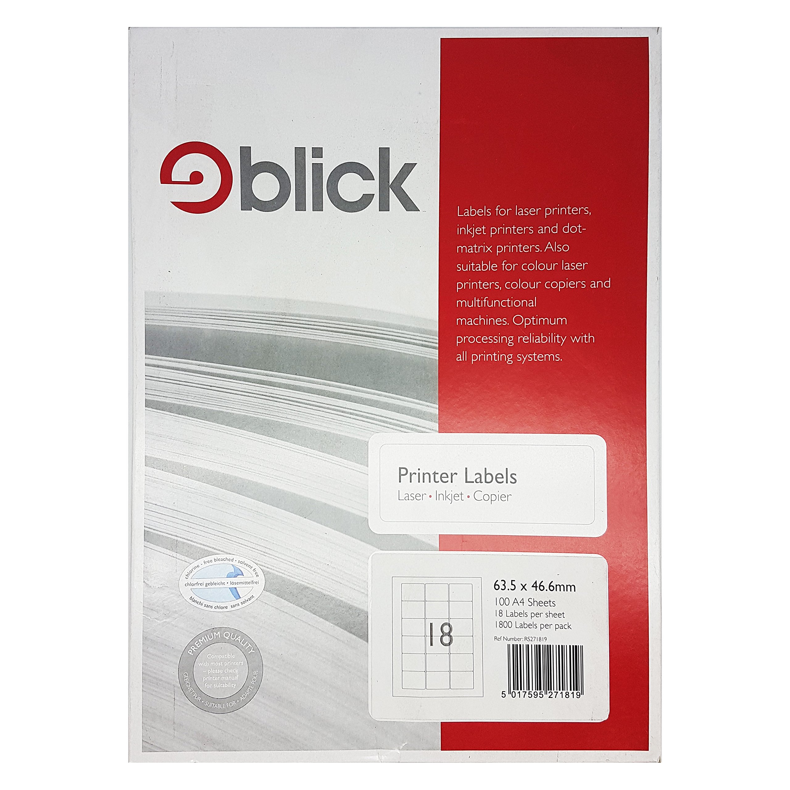 Blick Labels, White, 18 Per Sheet 100 Sheets, Rectangular, 63.5mm x 46.6mm, 1800 Labels, For Home, Office, Family, School