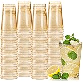Tebery 100 Pack Gold Glitter Plastic Cups, 12 Oz Clear Plastic Tumblers Reusable, Fancy Party Wedding Cups, Elegant Cocktail