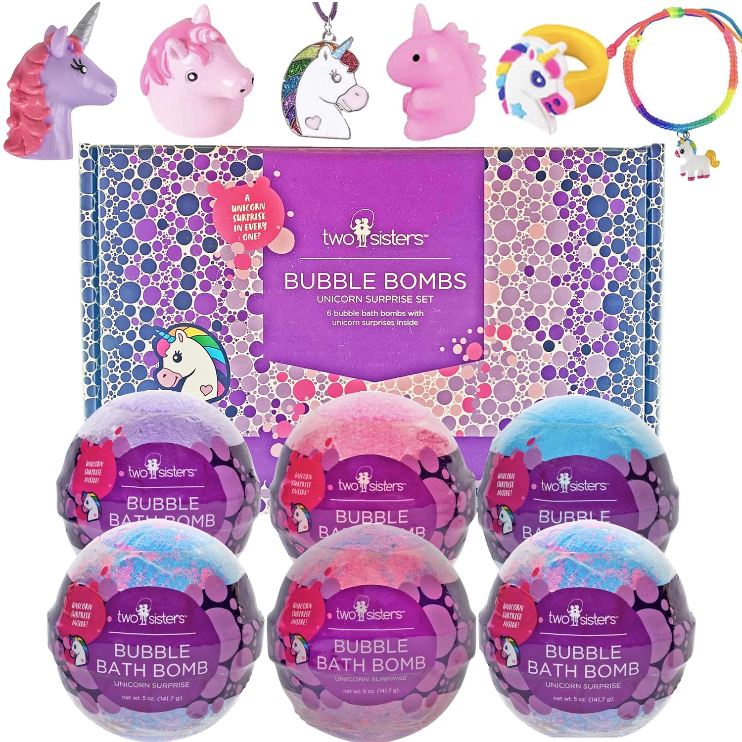 Unicorn Bubble Bath Bombs for Girls with Surprise Toys Inside by Two Sisters Spa. 6 Large 99% Natural Fizzies in Gift Box. Moisturizes Dry Sensitive Skin. Releases Color, Scent, and Bubbles.