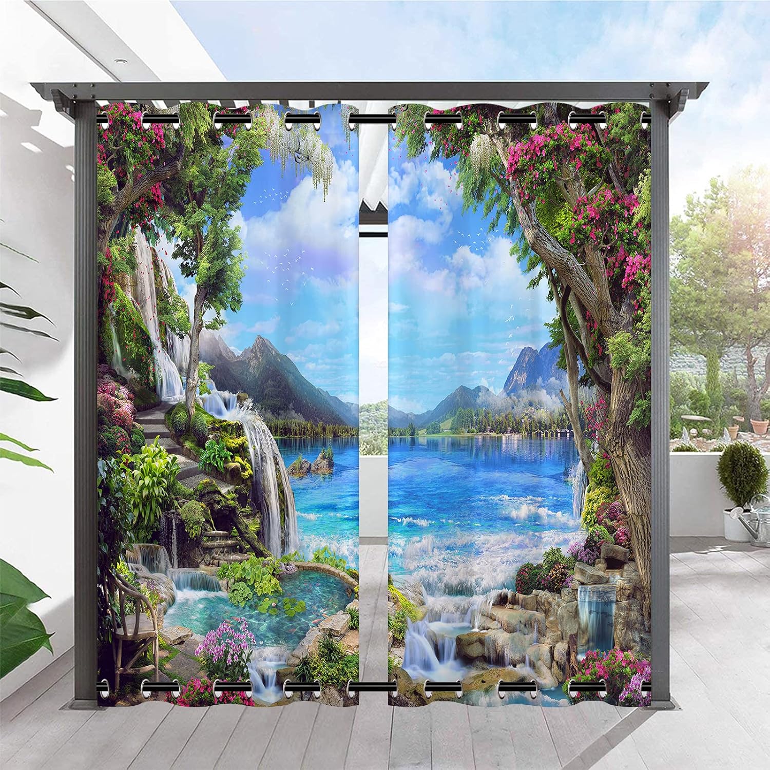 Outdoor Curtains - ANHOPE Outdoor Curtains Waterproof Windproof Grommet Top & Bottom Curtains Nature Waterfall Lake Garden Flower Print Pattern Outside Curtains for Patio Pergola Gazebo Garden 2 Panels 54 x 108 Inch