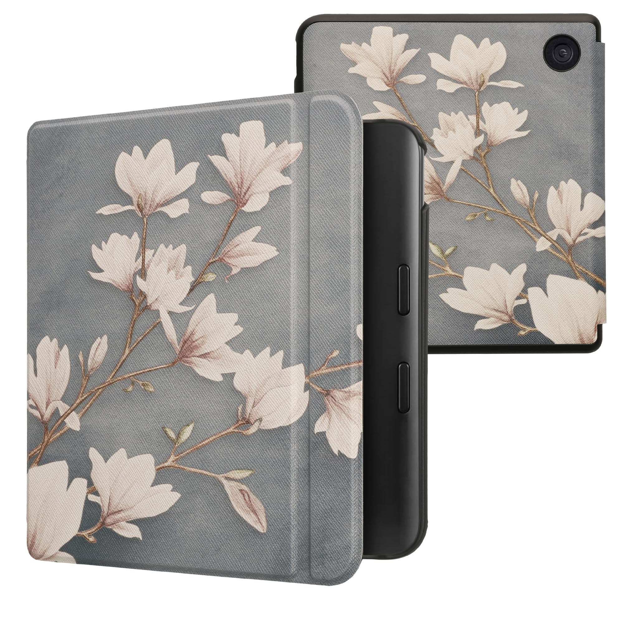 kwmobile Cover for Kobo Libra Colour Case - eReader Cover with auto sleep funktion - Magnolias with Taupe/White/Blue Grey