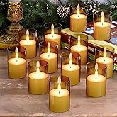 VIODAIM 12Pack Flickering Flameless LED Candles with Timer, Battery Powered - Small Pillar & Votive, Acrylic Made, Gold (2"X3")