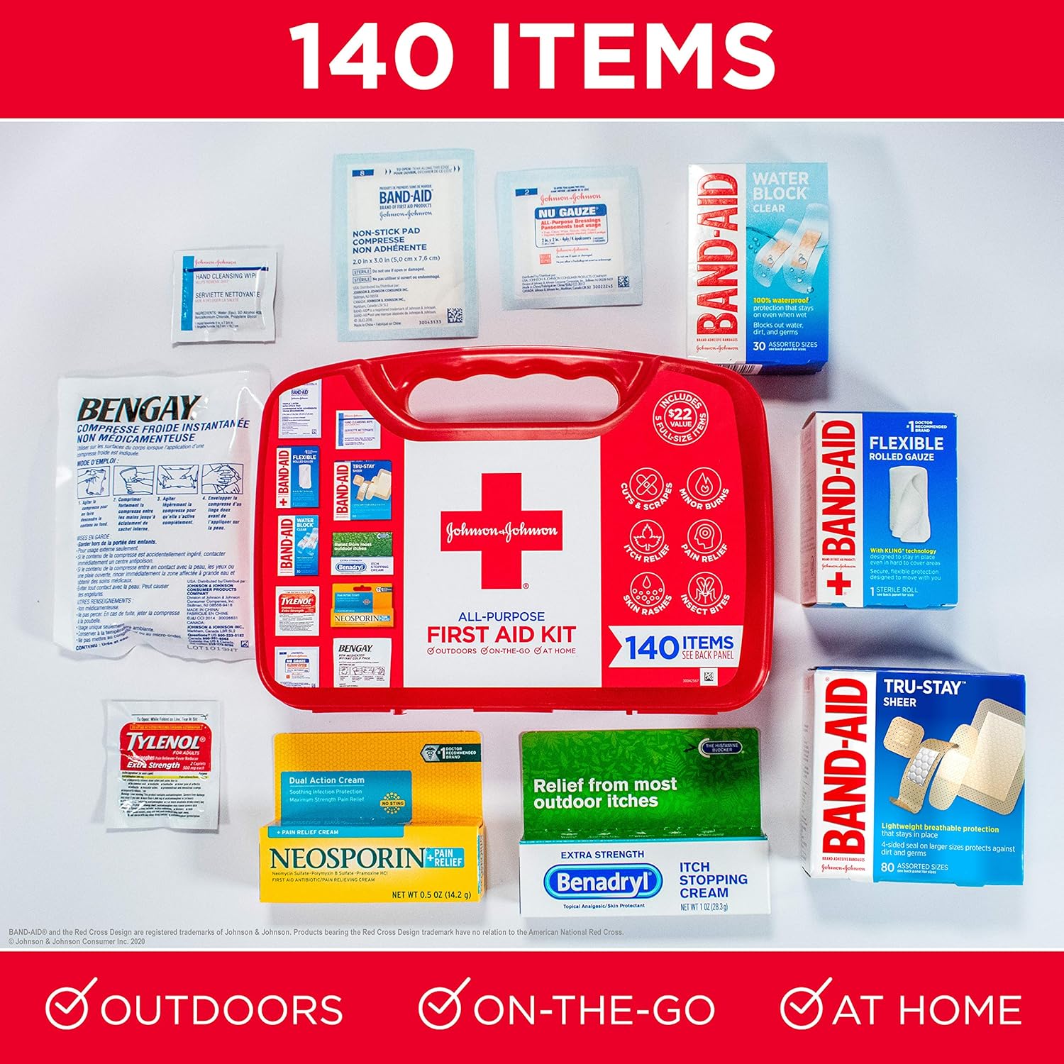 Johnson & Johnson All-Purpose First Aid Kit, Portable Compact First Aid Set for Minor Cuts, Scrapes, Sprains & Burns, Ideal for Home, Car, Travel and Outdoor Emergencies, 140 pieces: Health & Personal Care