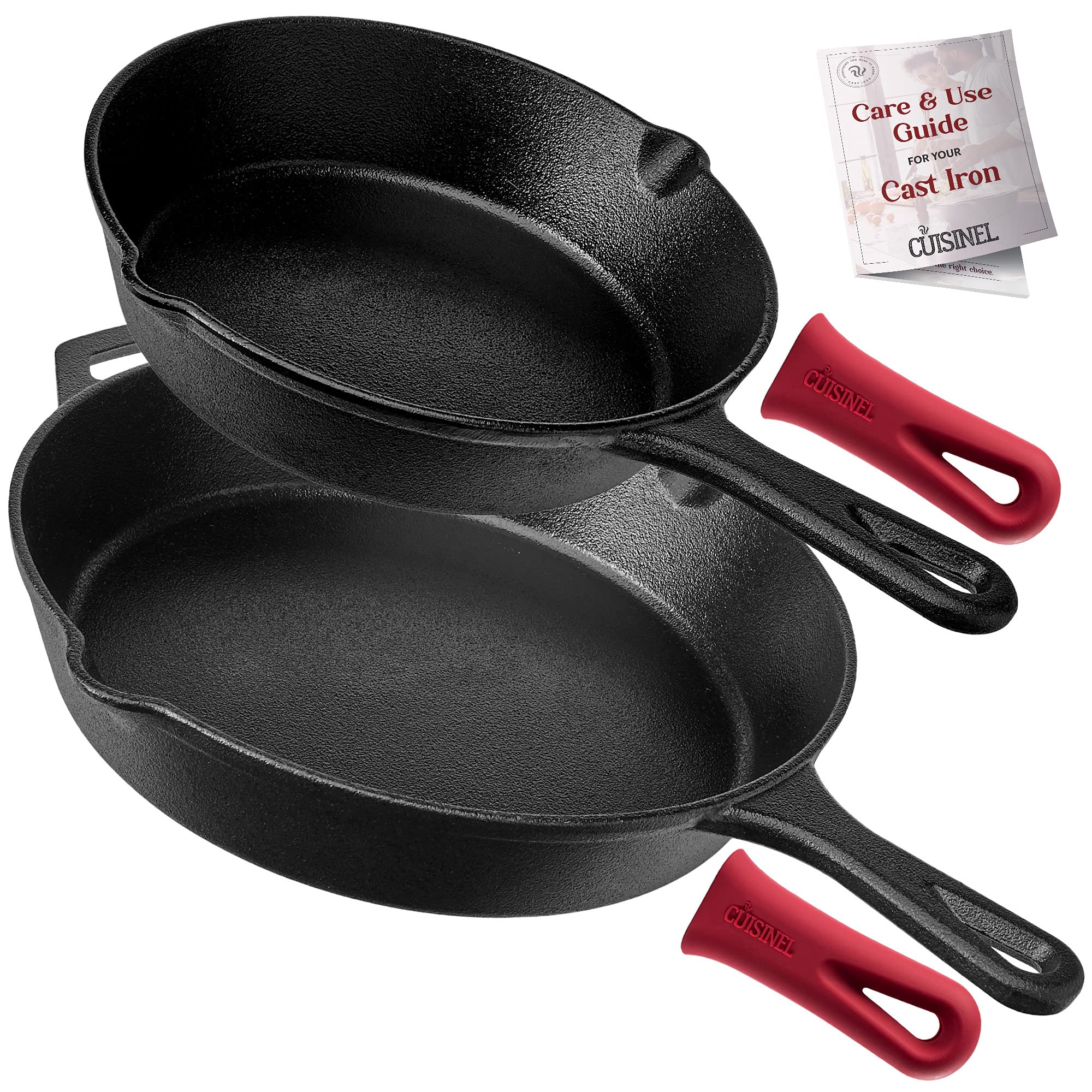 cuisinel Cast Iron Skillet Set 8"+12" / 20.32cm + 30.48cm + 2 Silicone Handle Holders - Pre-Seasoned Oven Safe Cookware - Indoor/Outdoor - Grill, Stove Top and Induction Safe