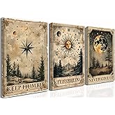 3 Pcs Vintage Tarot Canvas Wall Art Retro Astrology Mystical Sky Celestial Paintings Pictures Wall Decor Poster Print Artwork for Bedroom Dorm Apartment Home Decoration