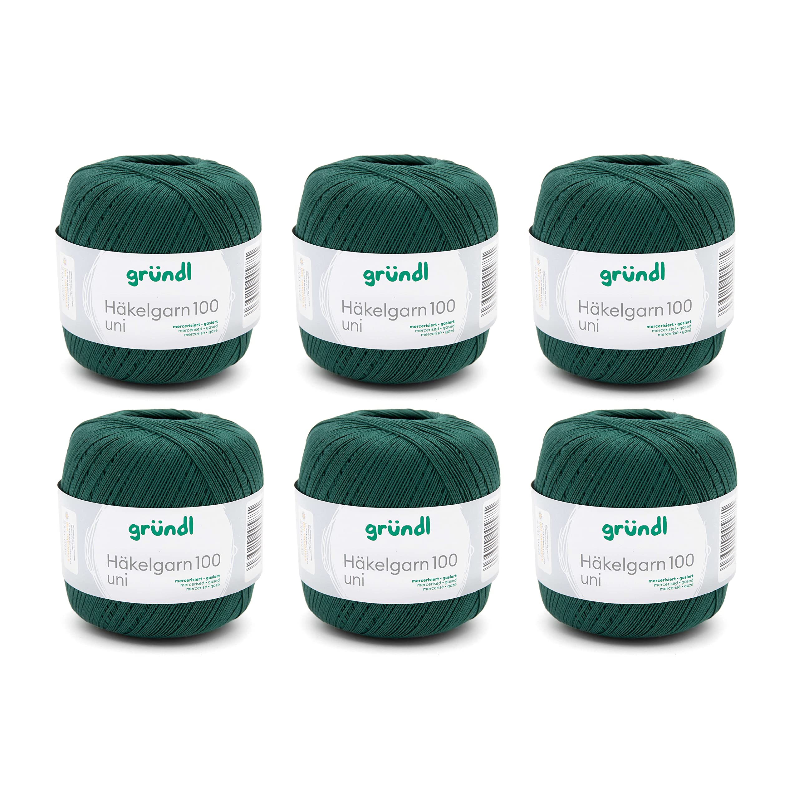 Gründl Wool Crochet Yarn 100 100% Cotton 6 x 100g Balls Needle Size 1.5-2 6 100g / 566m Thin Yarn for Crocheting, Pine Green
