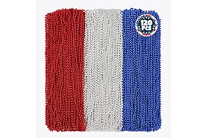 Huskein 120 PCS 4th of July Necklace, 33" Red Silver Blue Metallic Beaded Necklaces, Independence Day Party Accessories Patriotic Bead Necklace for Memorial Day Fourth of July Parades Party Supplies