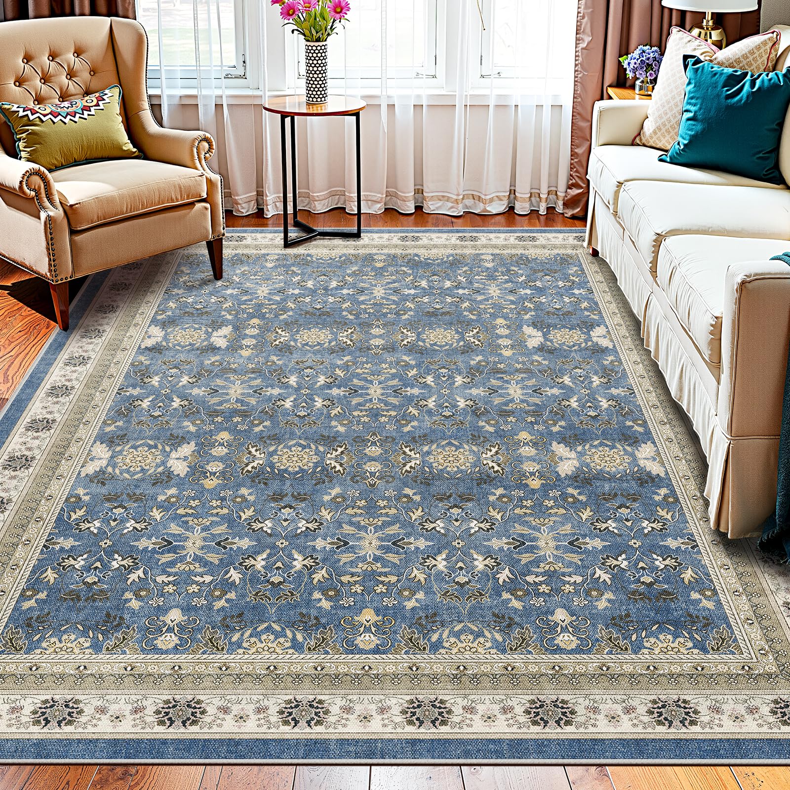 Photo 1 of WITSHOCK Vintage Washable Rug 5x7: Boho Farmhouse Retro Antique Neutral, Soft Low Pile Washable Non-Slip Stain Resistant Rugs for Living Room Bedroom Dining Room Nursery Playroom, Blue