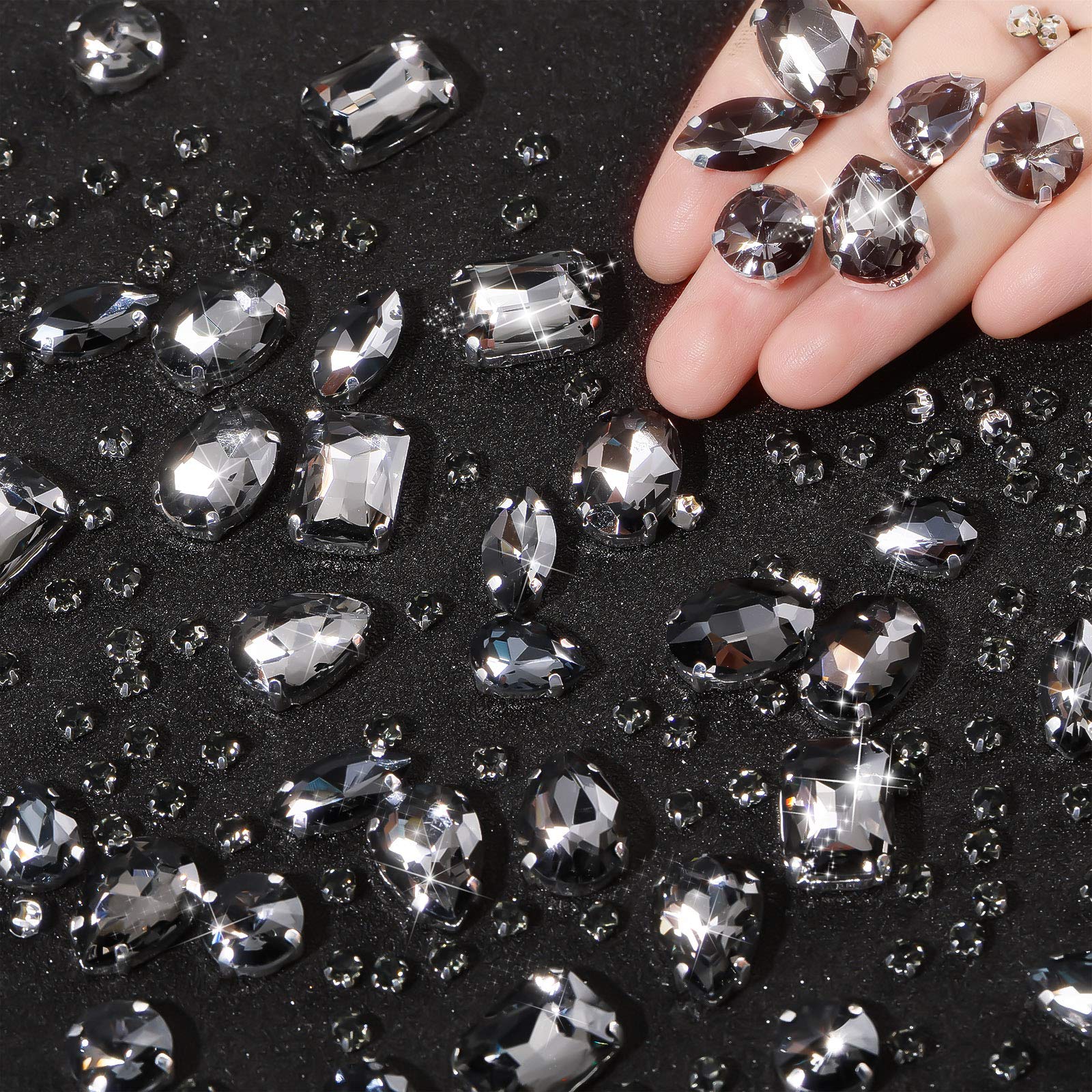 156 Pieces Sew on Rhinestones Claw Flatback Crystal Rhinestones Metal Prong Setting Rhinestones Acrylic Glass Sewing Gems for Clothes DIY Craft Shoes Dress Jewelry Making (Gray)