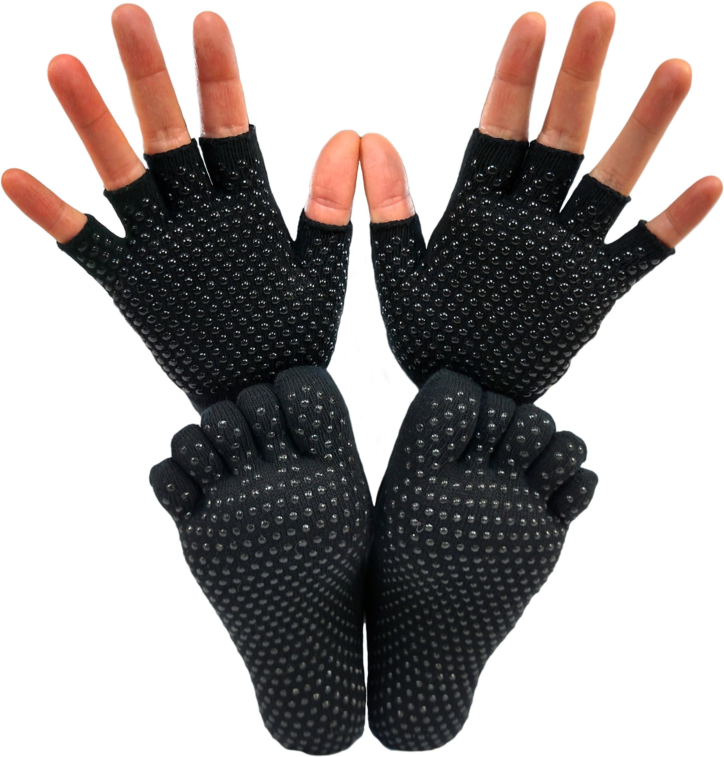 Grippy Toe Socks & Fingerless Gloves Set - Extra Grip for Yoga, Pilates, Cross-Fit, Fitness (Black with Black Traction Dots)