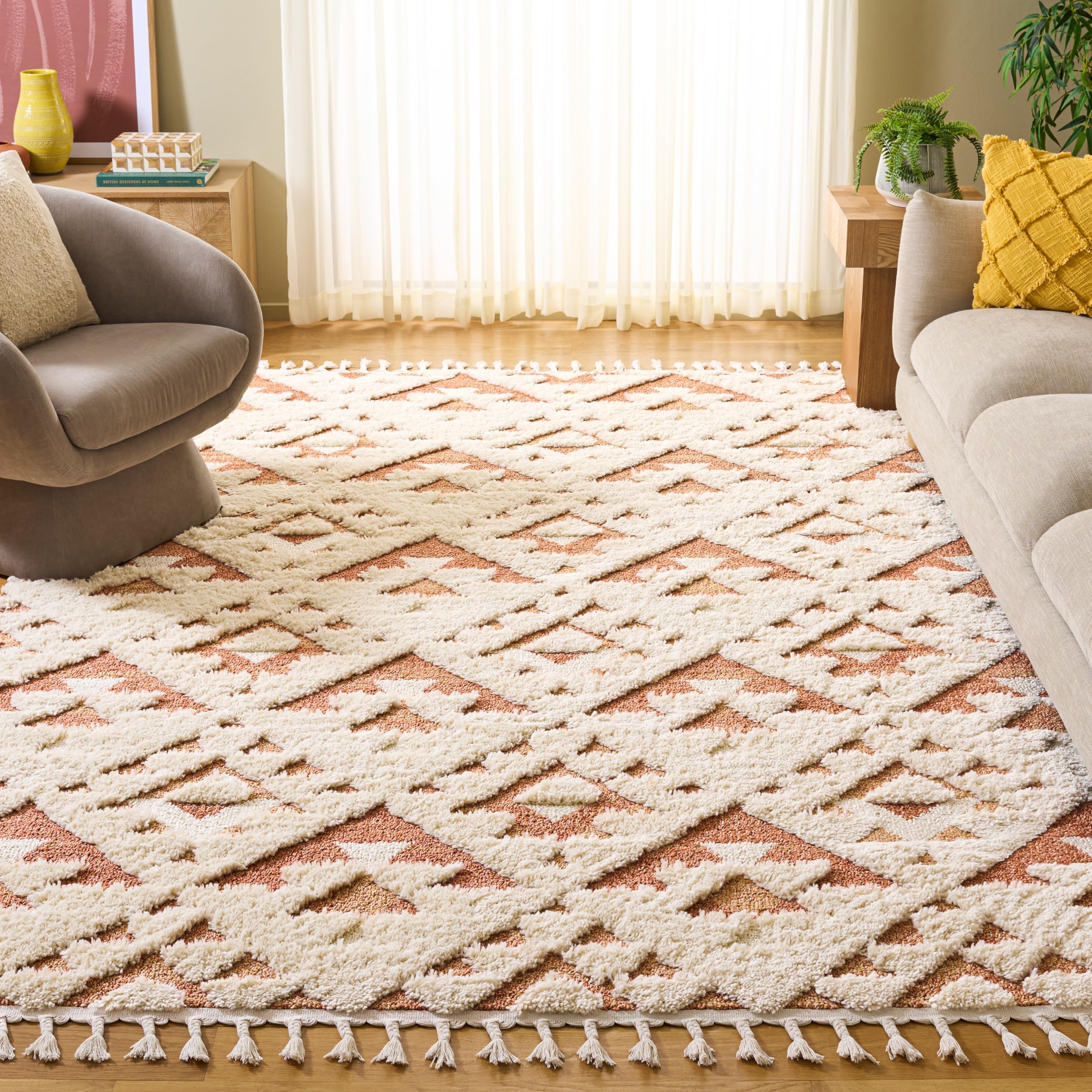 SAFAVIEH Area Rug 10x14 - Moroccan Tassel Shag Collection - Ivory & Brick Rust, Non-Shedding & Easy to Clean, Plush High-Low Texture, Ideal for Living Room, Bedroom, Dining Space (MTS688P) Image