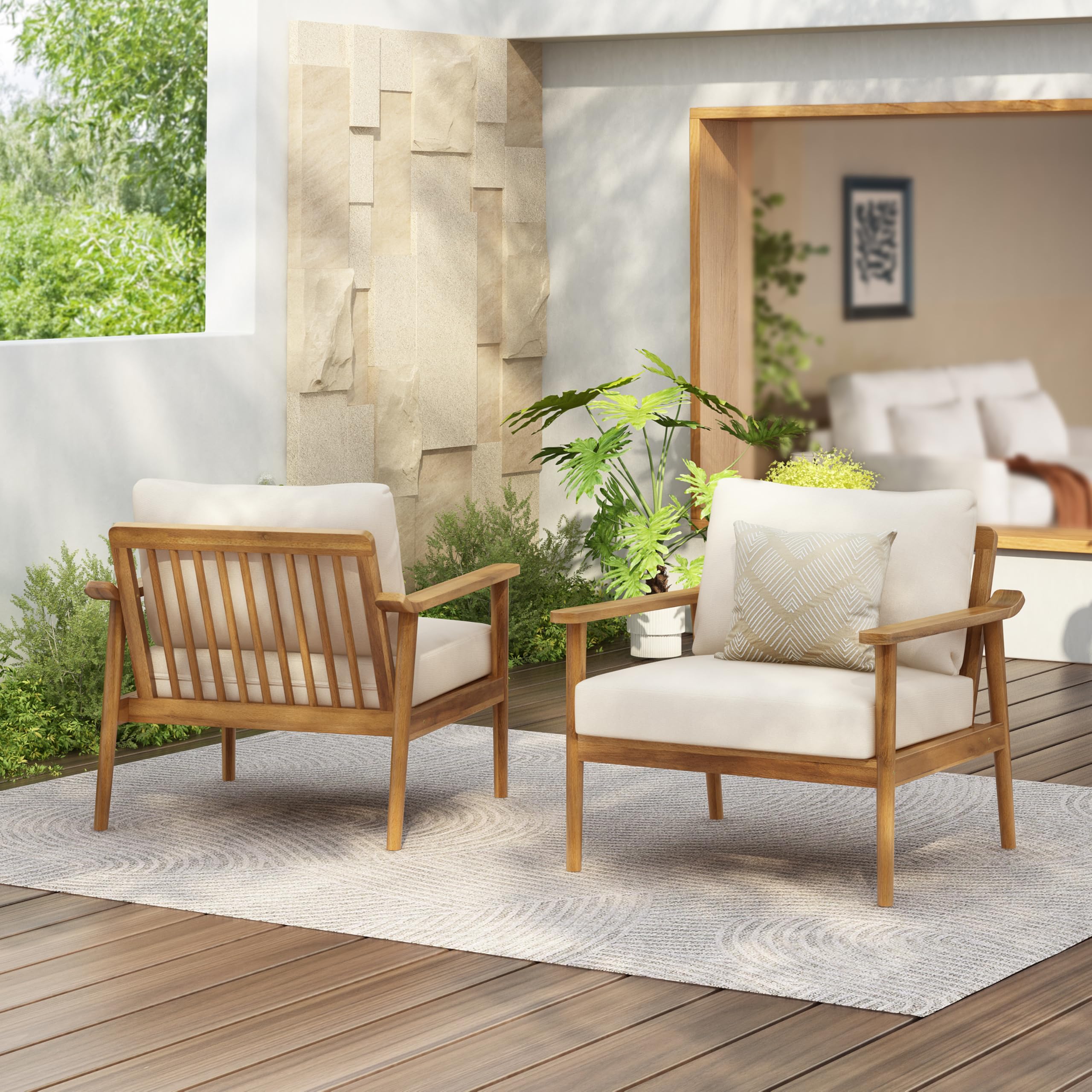 Photo 1 of **Only one chair**Christopher Knight Home Batis Acacia Wood Lounge Chair Outdoor Set of 2, Wooden Patio Accent Chair Set, Comfy Reading Seat with Removable Cushion, Patio Furniture Set, Teak+Beige
**Only one chair**