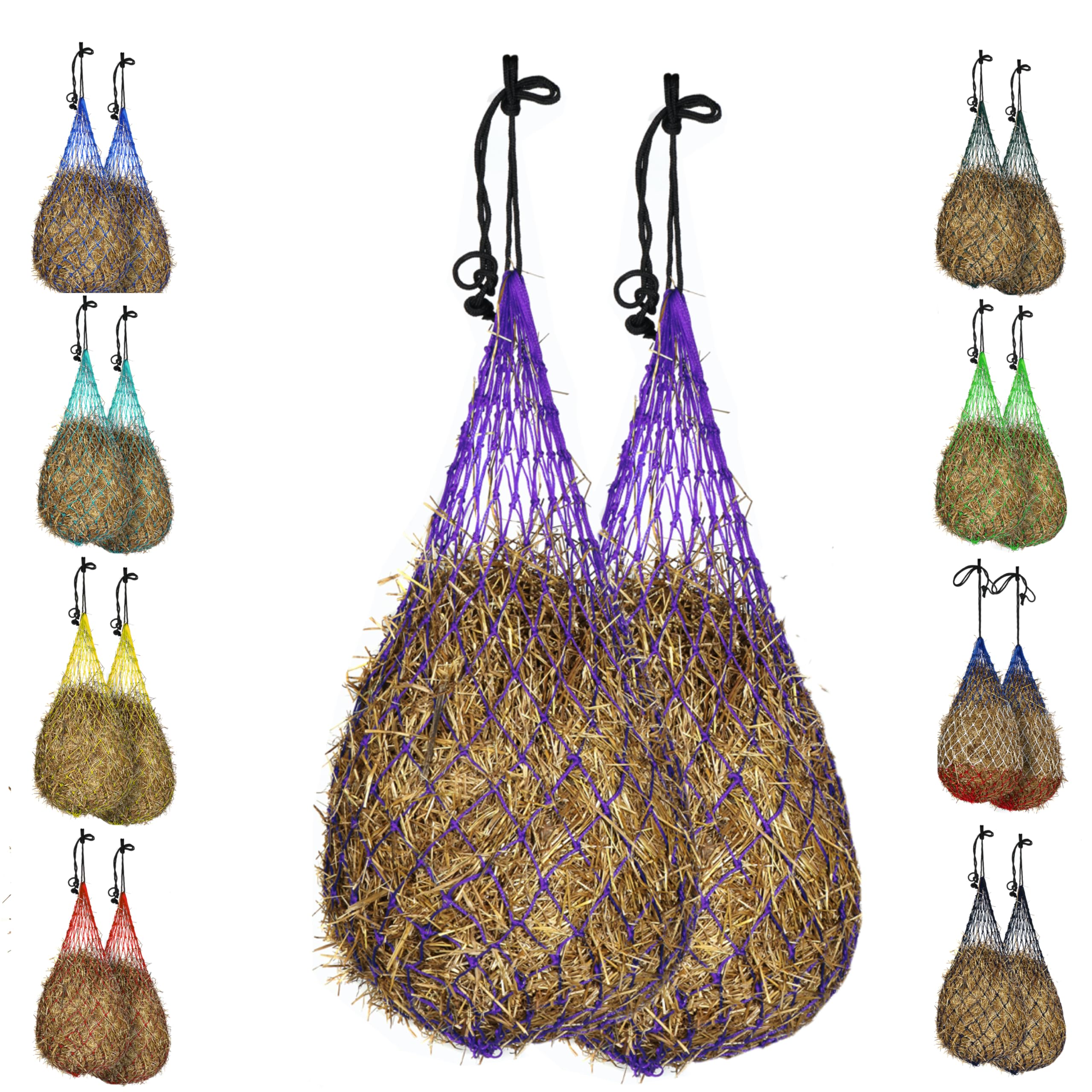 Majestic Ally 2 pcs Slow Feed 56” Hay Net with Soft 3"x3" Holes for Horses & Livestock, Nylon Rope Hanging, Simulates Grazing, Reduce Waste (Purple) — image 1