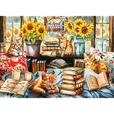 Ceaco - Book Lovers Live Here - Cats - 1000 Piece Jigsaw Puzzle for Adults | Art by Tom Wood , Made in USA, Recycled Board, Finished Size 26.5 x 19 in, Includes Poster, Frameable Art, Giftable