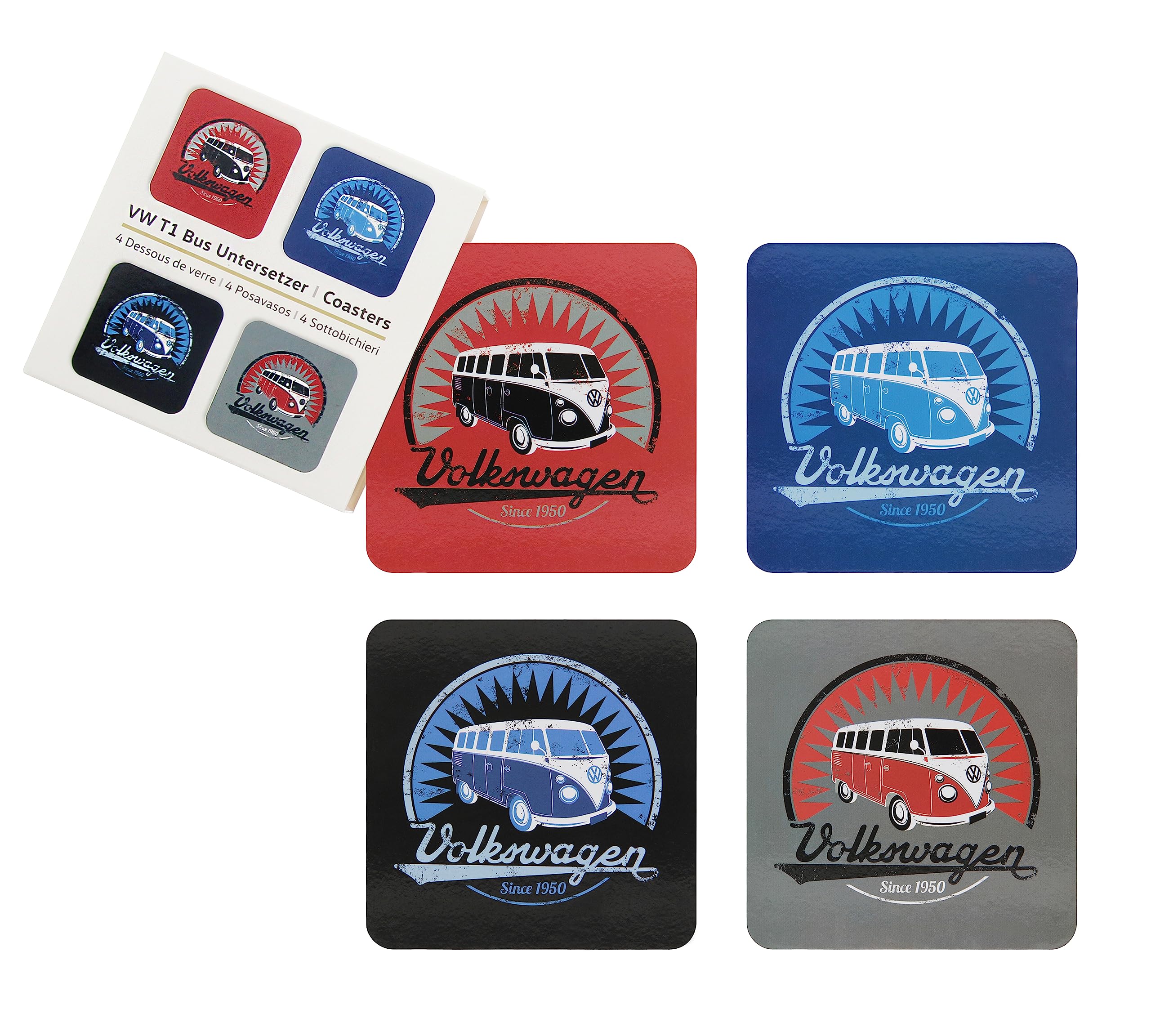 BRISA VW Collection - Volkswagen Drink Glass Cork Coasters with MDF Coating and T1 Bus Campervan Design (4-Piece Set/Vintage Logo/Multicolor)