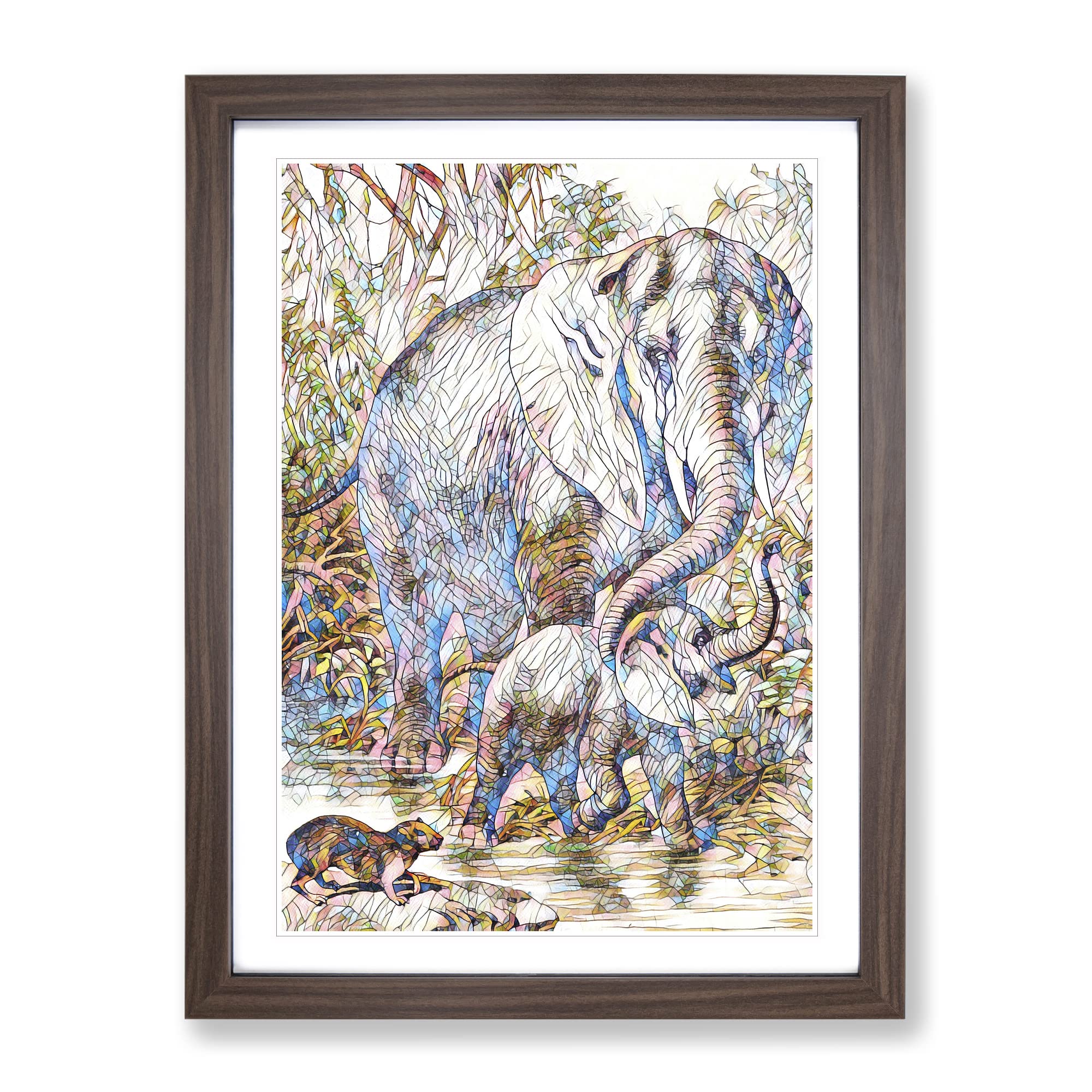 Vintage African Elephants & Hyrax Modern Bg Framed Wall Art Print, Ready to Hang Picture for Living Room Bedroom Home Office Décor, Walnut A3 (34 x 46 cm)