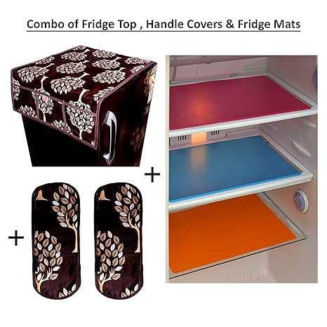 KANUSHI Floral(Tree) Design 1 Fridge Cover for Top with 6 Utility Pockets (Brown Color) + 2