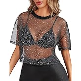 Avidlove Women's Mesh Tops See Through Shirts Short Sleeve Printed Crop Top Sheer Blouse Clubwear S-XXL
